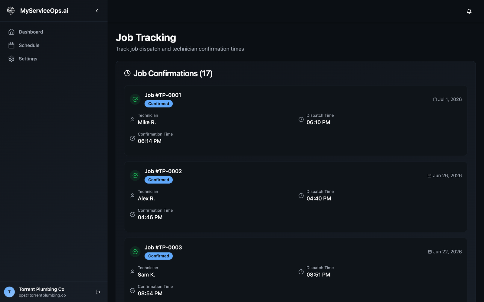 MyServiceOps Job Tracking dashboard on desktop — confirmed jobs with technician, dispatch time, and confirmation time
